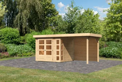 Produktbild von Karibu Gartenhaus Gerätehaus Kerko 3 im Set mit Anbaudach 2,40 m Breite und 19 mm und Rückwand naturbelassen 462x217x211 cm
