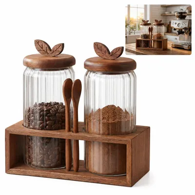 Produktbild von Vorratsgläser 2er Set, je 1 L, luftdicht mit Akazienholzdeckel, Löffel und Tablett, aus Borosilikatglas, für Kaffee, Zucker und Tee