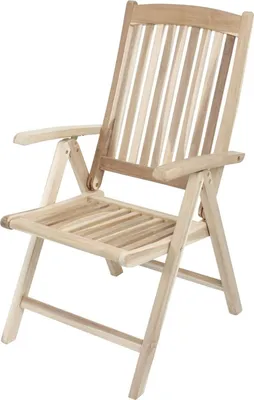 A wooden folding chair with armrests, shown against a white background.