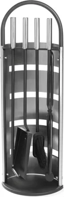 A fireplace tool set on a stand.