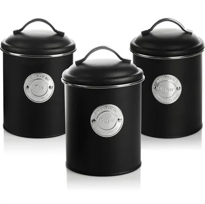 Image de 3x Cafetière - Verres de conservation décoratifs avec couvercle pour café, thé, cacao - Set de 3 designs - Couleur noire
