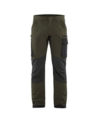 A pair of green and gray work pants are shown against a white background.
