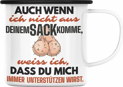 Produktbild von Trendation - Stiefvater Geschenk Emaille Tasse Vatertag Lustiger Spruch Auch Wenn Ich Nicht Aus Deinem Sack Komme Geschenkidee Stiefpapa (Schwarz)