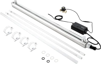A UV water purifier system with its components laid out on a white background.