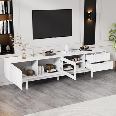 Image de OKWISH Meuble TV moderne avec 2 portes et 2 tiroirs, grand espace de rangement pour téléviseur jusqu’à 80 pouces, blanc