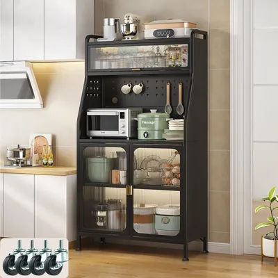 Zdjęcie produktu dla Szafka kuchenna z blatem roboczym, wymiary 76x36x160 cm, kolor czarny, wykonana ze stali, z regulowanymi półkami i kółkami