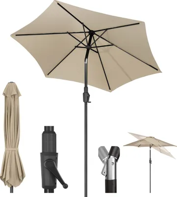 A collection of images showing a taupe patio umbrella in various states and components.