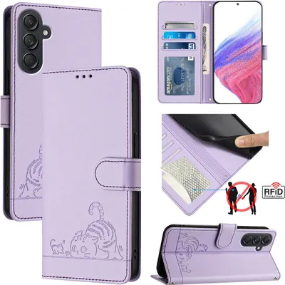 Produktbild von Leder Hülle für Samsung Galaxy M55 Süße Katze Flip Case Brieftasche Schutzhülle mit Standfunktion Lila