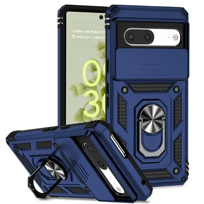 Immagine prodotto di Custodia per Google Pixel 7 a doppio strato con copertura scorrevole della fotocamera e supporto ad anello blu