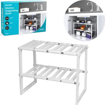 Produktbild von Bewello® – Pfannenregal Küchenschrank-Organizer – 47–65 cm breit – Kunststoff-Aufbewahrungsregal Küchenschrank