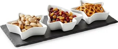 Produktbild von Snackschalen Set - 4-teilig - Festlich - Porzellan - Porzellanschalen Weiß mit Serviertablett Schiefer