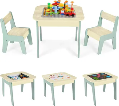 Produktbild von Kinderspieltisch - 2-in-1 Bausteintisch mit 2 Stühlen - Stauraum - Holz - 60 x 60 x 49 cm - Hellgrün