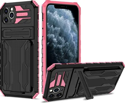 Produktbild von iPhone 11 Pro Max Hülle, Hybrid Robust Schutz Stoßfest Schutzhülle mit Kartenhalter Ständer für iPhone 11 Pro Max Rosa