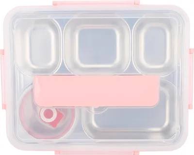 Zdjęcie produktu dla Pudełko na lunch z pokrywką, 5 przegrodami, izolujące ciepło, stal nierdzewna, w zestawie pałeczki, łyżka i miseczka do zupy, różowe