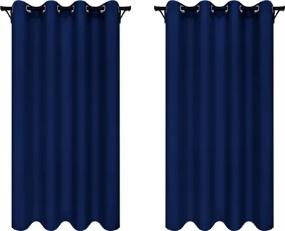 Two dark blue curtains hanging on a rod against a white background.