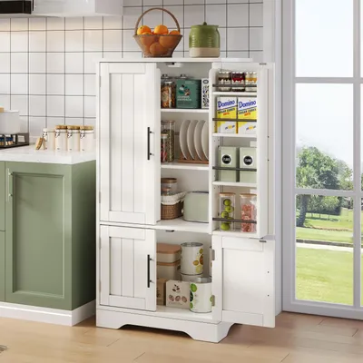 Image de OKWISH Buffet avec LED - 2 Portes et Étagères Réglables, Meuble de Rangement Pratique pour Cuisine, Salon ou Salle à Manger, 60x40x120 cm, Blanc