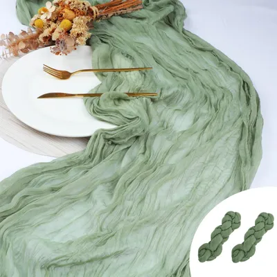 Productafbeelding van Omgoods- Tafelloper 90 x 400 cm - 2 Stuks - Mousseline Saliegroen/Eucalyptusgroen - Rustiek Boho - Tafeldecoratie - Bruiloftsdecoratie - Tafelkleed