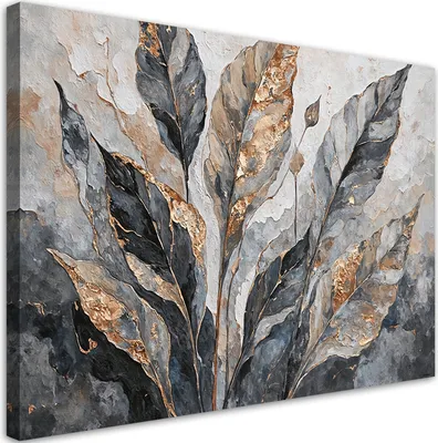 Image de Toile abstraite Feuilles grises dorées 90x60 Feeby Argent Image pour le mur, prête à être accrochée
