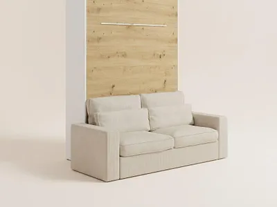 Produktbild von Schrankbett + Sofa - 140 x 200 cm - Manuelle vertikale Öffnung - Mit LED-Beleuchtung - Weiß & Holzfarben - RAPILI