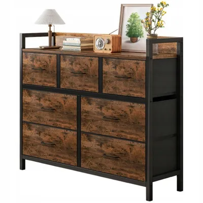Image de Commode industrielle de couleur marron rustique, grande commode spacieuse à 7 tiroirs