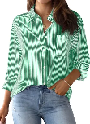 Produktbild von ASKSA Damen Bluse Streifenbluse Langarm Hemden Elegant Casual Hemden Arbeit Hemd Oberteile Tops mit Tasche (Gruen,XL)