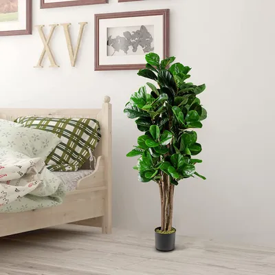 Produktbild von GOPLUS 150cm Kunstpflanze Zimmerpflanze im Topf, mit 180 Blättern und 6 Stämmen, Echtholzstamm, Kunstbaum, Dekopflanze für Indoor und Outdoor