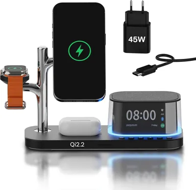 Produktbild von Kabellose Ladestation 5-in-1 mit Wecker, Bluetooth-Lautsprecher & LED-Nachtlicht