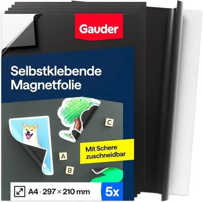 Produktbild von Kleebare Magnetfolie - Magnetische Klebefolie für Fotos, Bastelprojekte und Tafeln - Schwarze Magnetfolie für den Hausgebrauch, Schule und Büro (5 Stücke - DIN A4)