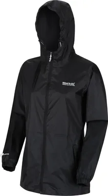 A black hooded jacket is shown against a white background.