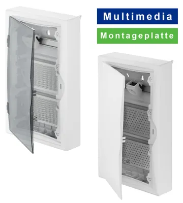 Aufputz / Verteilerkasten / Multimedia Montageplatte / mit Steckdose / Hutschiene / weiß oder transparente Tür