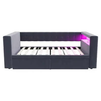 Immagine prodotto di okwish youth bed 90×190 divano letto senza materasso con illuminazione a LED, letto singolo da giorno con cassetti e prese, grigio scuro