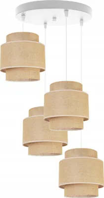 Produktbild von Boho Hängelampe - Deckenlampe - Pendelleuchte aus Metall mit Lampenschirm aus Stoff - E27 - 4-Flammig Oval - Weiß Basis und Jute