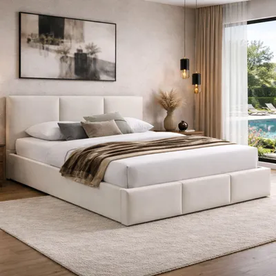 Produktbild von Home Collective Polsterbett Doppelbett 160x200 cm Samt beige mit Lattenrost aus Metall und Stauraum mit hydraulischem Bettkasten