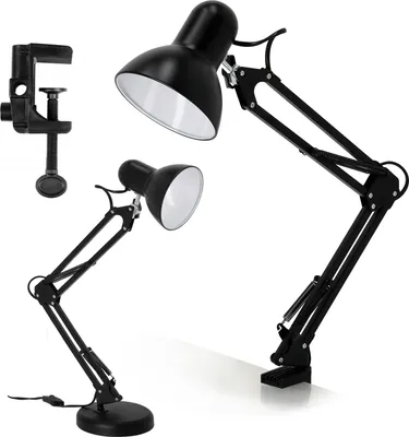 Two black desk lamps and a clamp are displayed against a white background.
