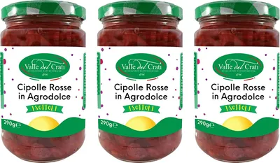 Produktbild von Süß-Saure Rote Zwiebeln, Italienische Zwiebeln in Olivenöl für Vorspeisen, Gewürze und Aperitifs, 3 x 290g