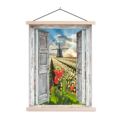 Produktbild von MuchoWow® Textilposter Blumen - Mühle - Frühling - Ausblick 120x160 cm mit holzfarbenen Rahmen - Plakatkarton