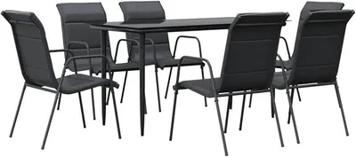 Produktbild von 7-TLG. Garten Essgruppe 6 Personen, Gartenmöbel Set, Tisch mit Stuhl, Terassenmöbel, Gartengarnitur für Garten Terrasse, Schwarz Stahl und Textilene