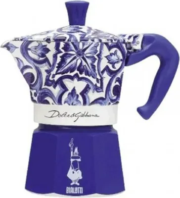 A Bialetti Moka pot coffee maker with a blue and white decorative pattern.