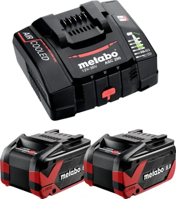 A Metabo charger and two battery packs are displayed against a white background.