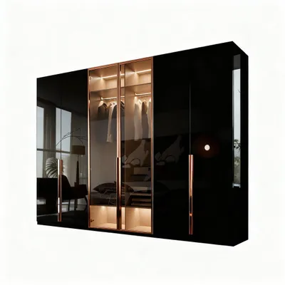 Produktbild von Kleiderschrank Drehtürenschrank Capdown, 6-türig, Hochglanz, mittig mit Glasrahmentür B:300cm T:62cm, H:218cm Farbe: Schwarz