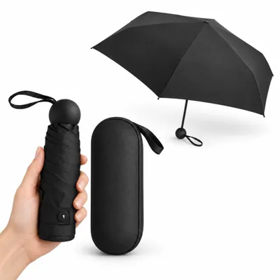 Produktbild von Mini Taschenschirm mit Etui – ultrakompakter Regenschirm 19 cm, 6 Streben, wasserabweisend, für Handtasche & Reise – Schwarz