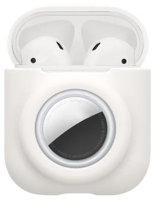 Produktbild von kwmobile 2-in1 Schutzhülle für Apple Airpods 1 & 2 Hülle - Kopfhörer Silicon Case kompatibel mit AirTag - stoßfestes Cover mit Karabiner - Weiß