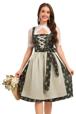 Produktbild von YesFashion Dirndl Damen Set 3tlg. Exklusives Trachtenkleid Jacquard, Schš¹rze und Spitzenbluse Midi Dirndl, Armeegrš¹n, 40