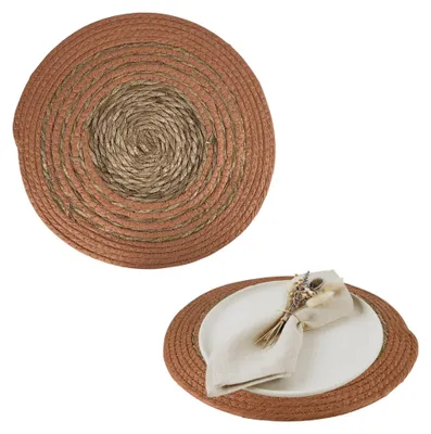 Produktbild von Platzmatten Bast Boho Rund, Platzsets Esstisch 36cm, Geflochtene Dekorationsunterlage Tischdeko Seegras, Bunter Spiral-Farbverlauf Orange Terracotta 2 Stück