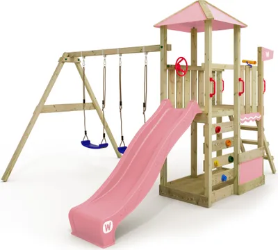 Image de WICKEY Tour de jeux Smart Savana avec balançoire & toboggan, maison de jeux avec échelle d'escalade & accessoires de jeux - rose pastel