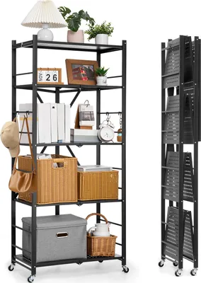 Zdjęcie produktu dla VEVOR 5 półek, składane półki na kółkach, 38x71x163 cm, składana półka do dużych obciążeń, półka stojąca bez montażu, półka domowa, półka kuchenna, metalowa półka do garażu, kuchni, piwnicy, czarna