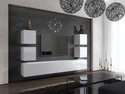 Produktbild von Furnitech Wohnwand Wohnzimmer - Wohnzimmer Möbel mit LED Blau - Hängend Wohnwand Modern - Regale und TV Schrank (Future C35/HG/W2 1A)
