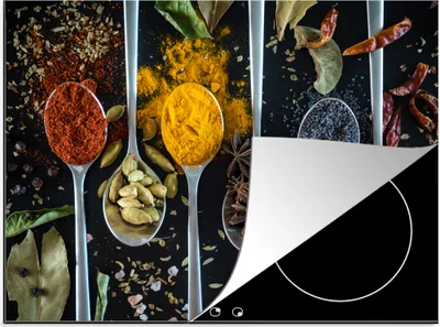 Produktbild von KitchenYeah© Herdabdeckplatte Kräuter in Löffeln auf einem Hintergrund mit Kräutern , 58x51cm, Küche Deko, Glaskeramikkochfeld Herdabdeckung, Abdeckplatte fùr Kochfeld