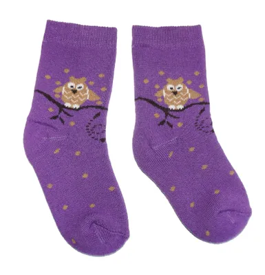 Produktbild von Kinder Plüsch Socken Thermo Voll Frottee aus Baumwolle Eule Lila Größe 17-18