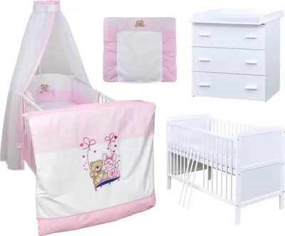 Produktbild von Baby-Delux Babyzimmer Babybett Wickelkommode Weiss Bettwäsche Komplett Set Schaukelfreunde